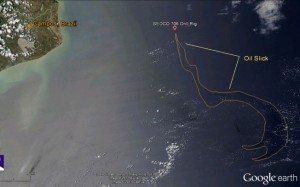 Imagem tirada em 14 de novembro pelo satélite MODIS/Aqua mostra a mancha de óleo na Bacia de Campos