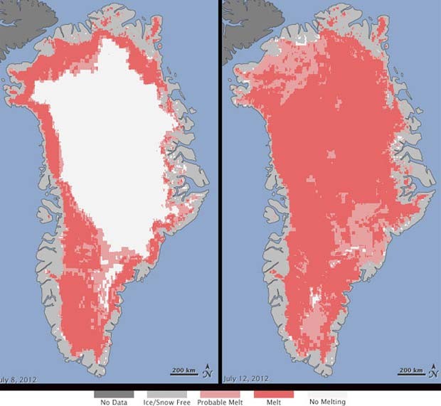À esquerda, imagem da Nasa mostra a extensa área branca ainda sem degelo no dia 8 de julho. À direita, no dia 12 de julho, ela foi quase totalmente substituída pela cor rosada, que indica degelo da superfície. (Foto: Nasa/Divulgação)